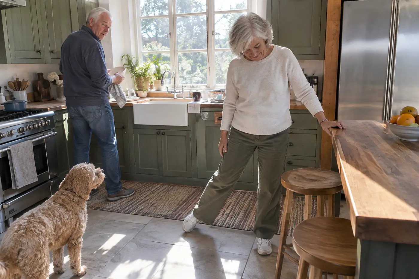 Older woman moving one leg sideways beside her kitchen counter.