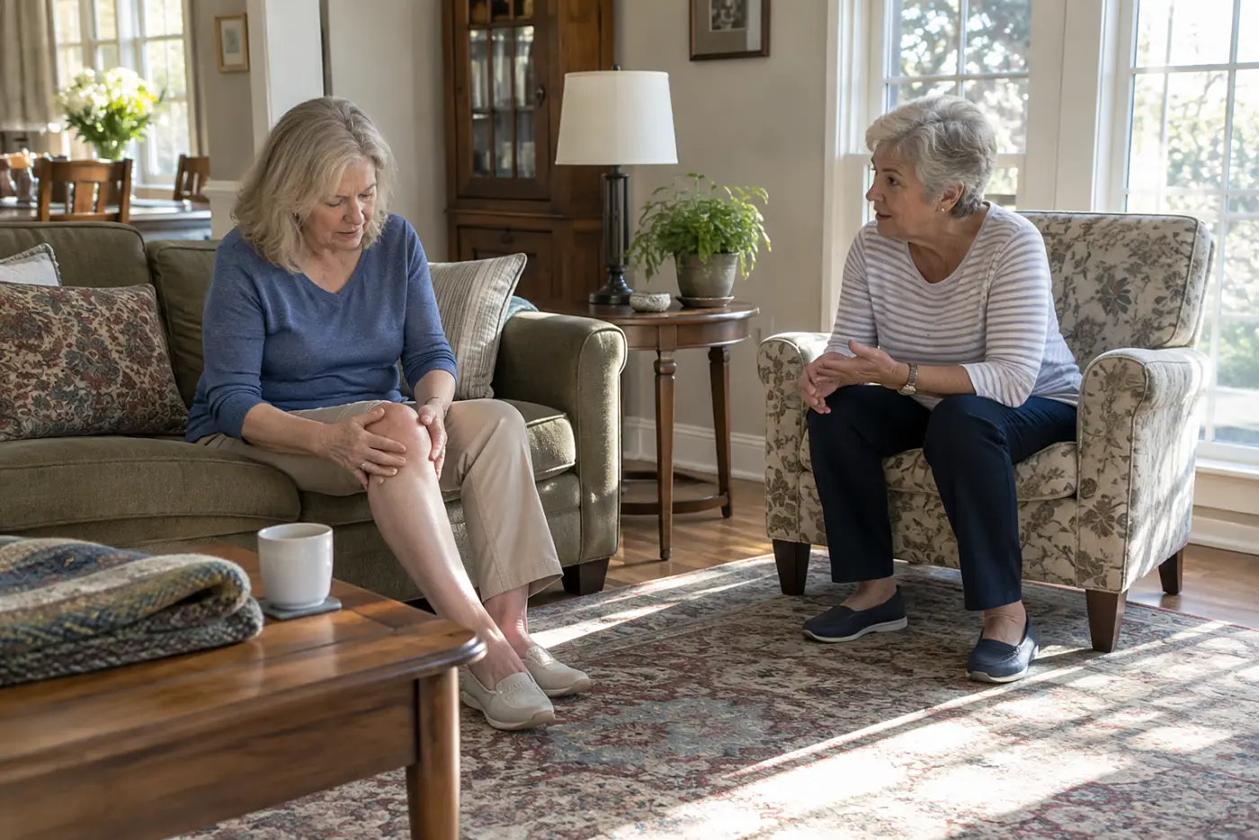 Older woman looking at her swollen knee while seated in her living room.