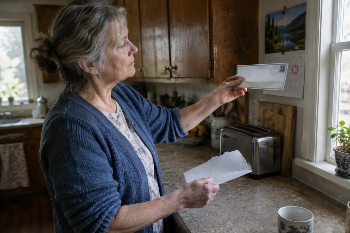 Woman checking an IRA rollover check's postmark date against a wall calendar