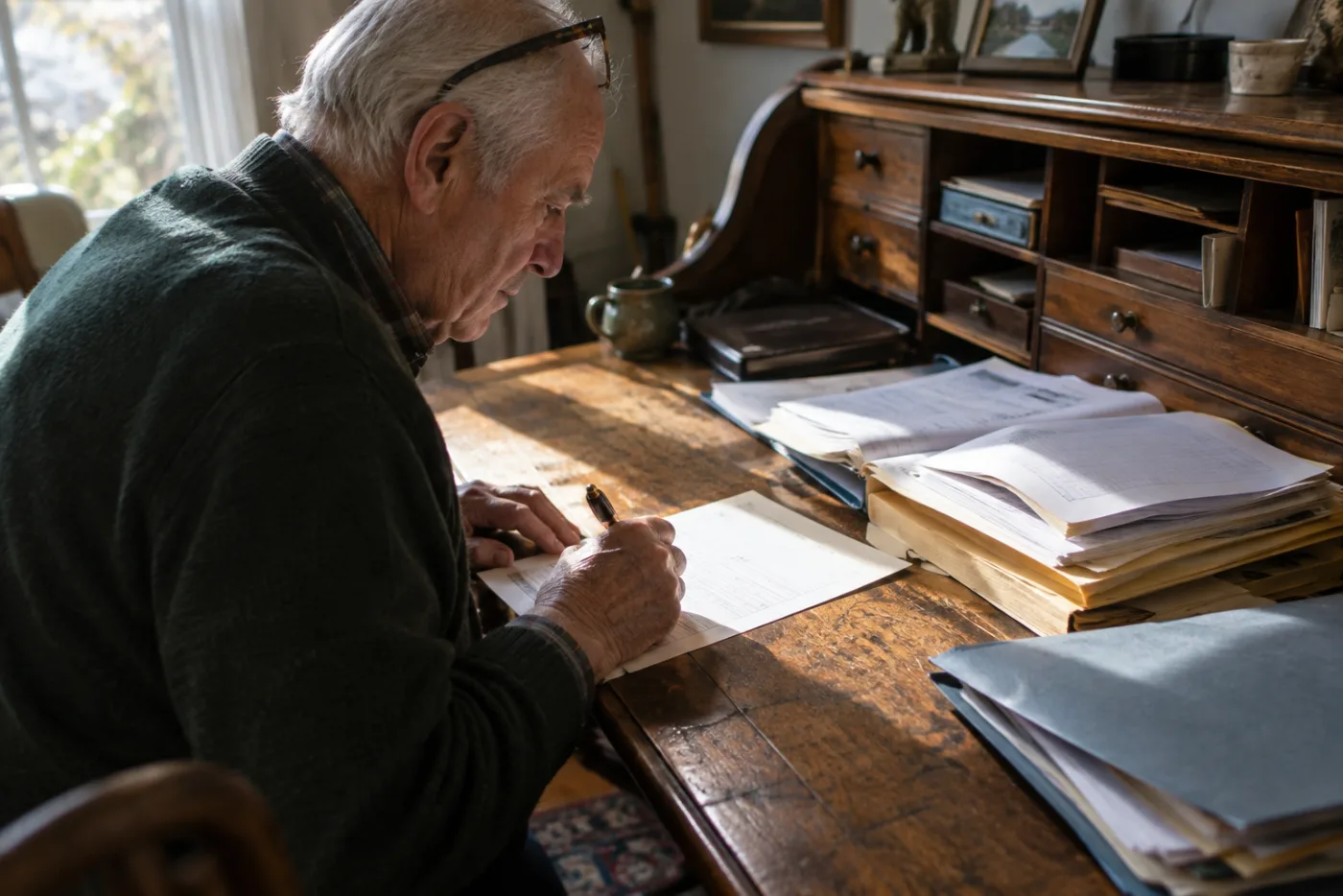 Man filling out an IRA tax form at a rolltop desk with old returns nearby