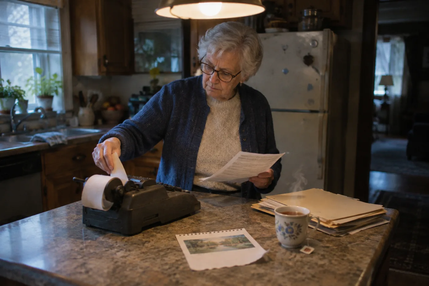 Woman using an adding machine to check an IRA distribution against April 15