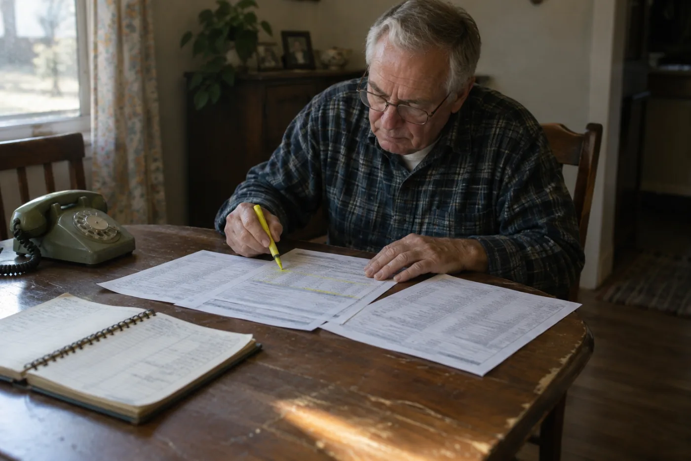 Man highlighting figures across three IRA statements spread on a dining table