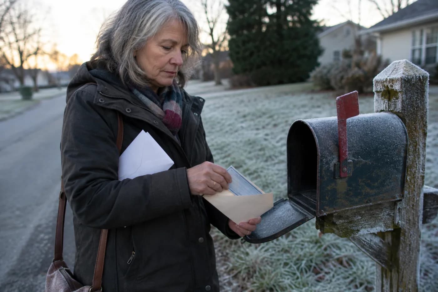 Woman sliding a donation check back into an envelope by a frosty mailbox