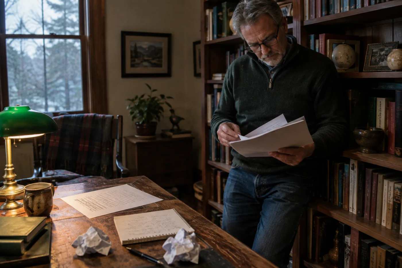 Man reviewing a Roth conversion packet beside a crossed-out worksheet on his desk