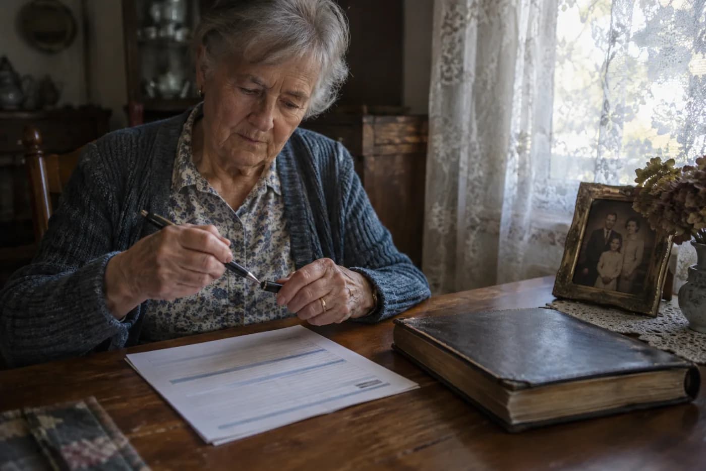 Woman filling out a beneficiary form beside a closed will on a dining table
