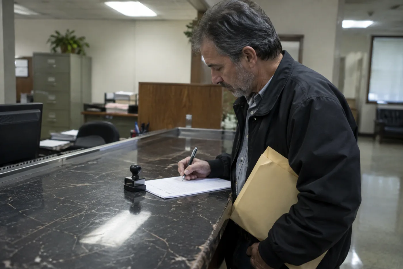 Man signing a court order document at a law office counter with a notary stamp