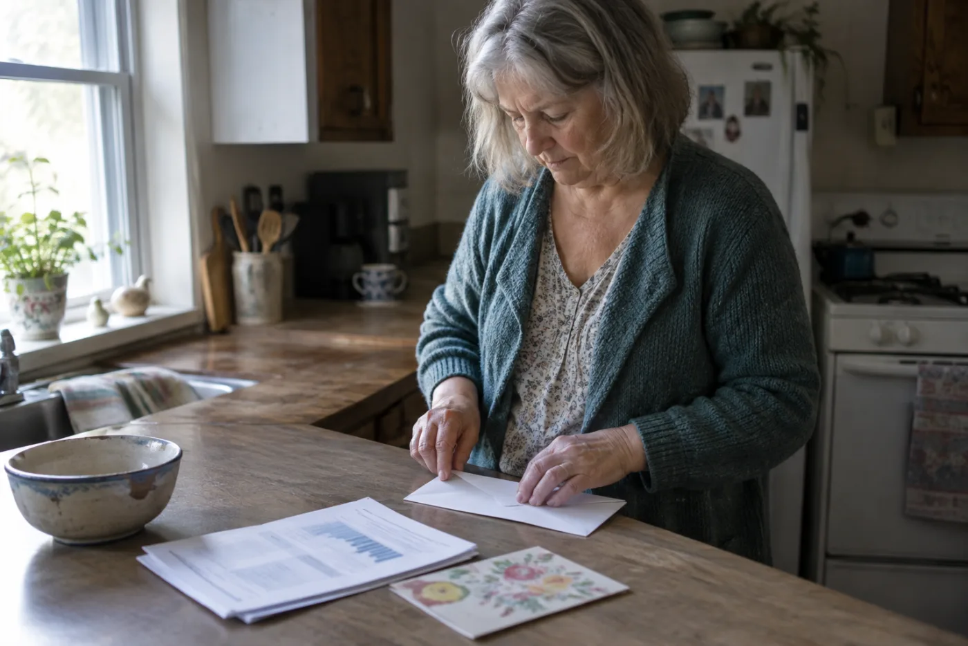 Woman sealing a Social Security envelope beside a benefits estimate printout