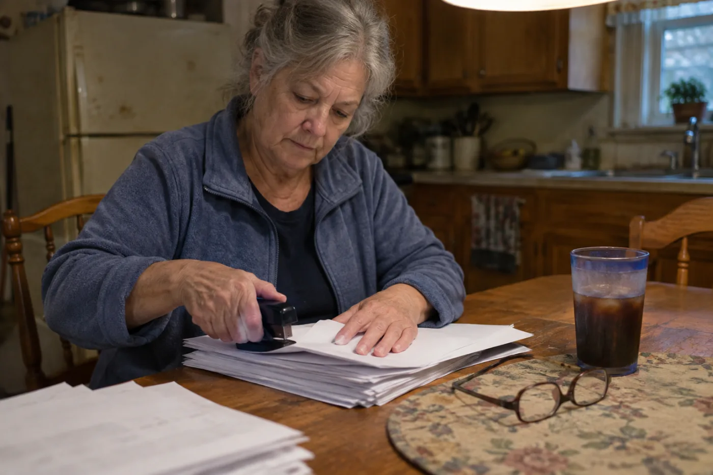 Woman stapling tax return copies together for a Medicare appeal at her table