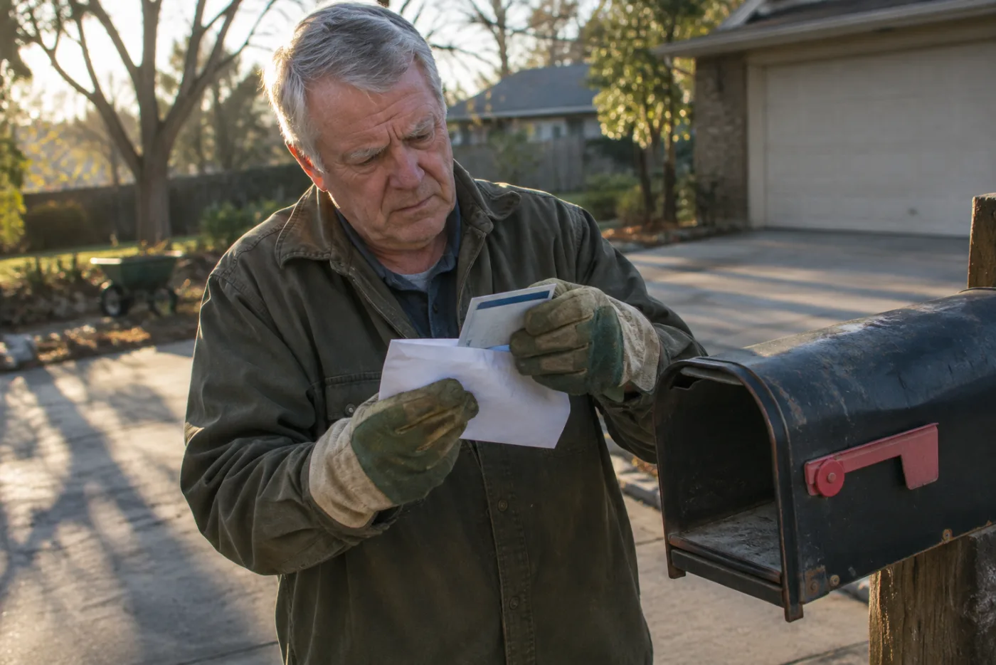 Man in gardening gloves tearing open a Medicare envelope at his mailbox