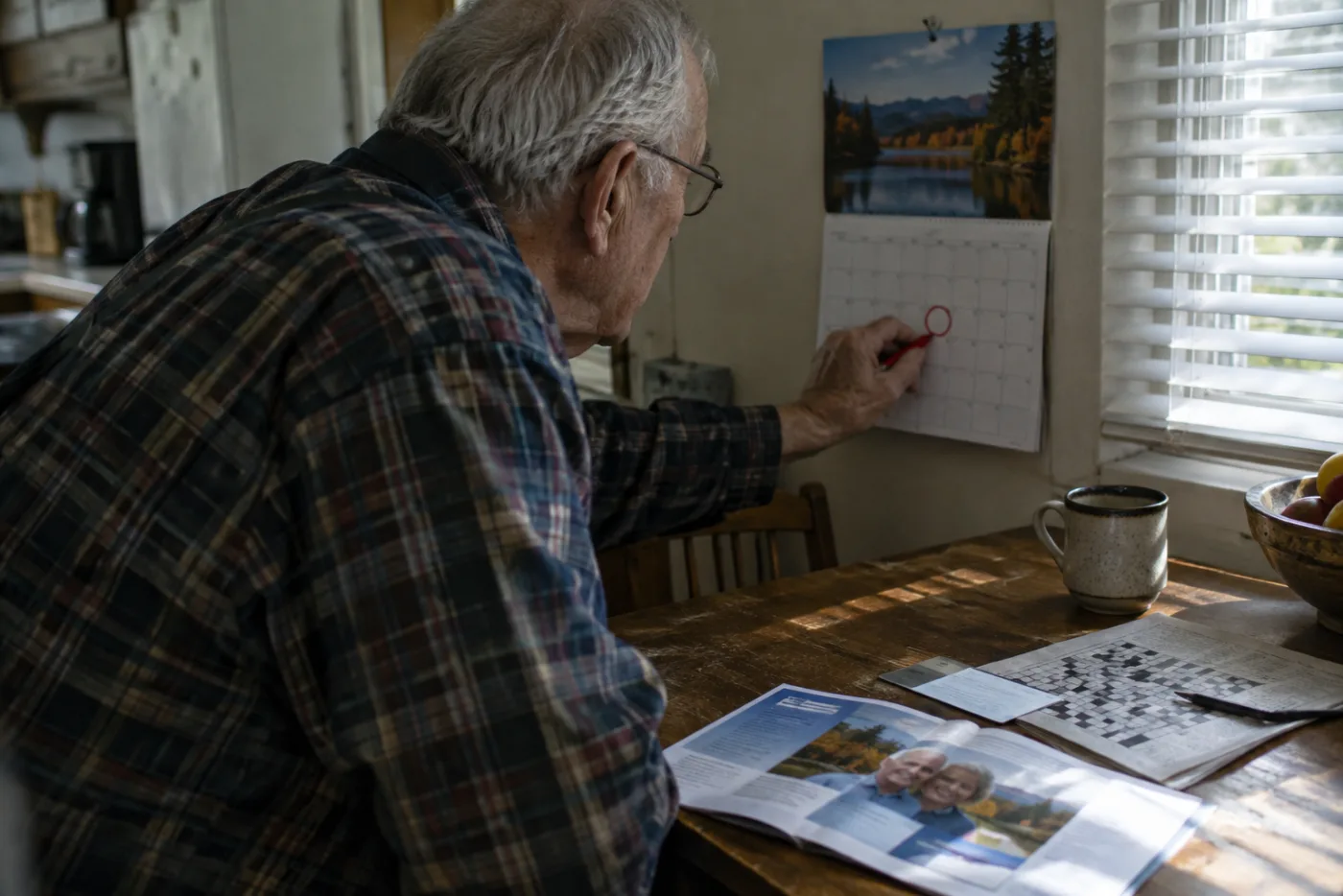 Man circling a date on a wall calendar beside an expired insurance enrollment card