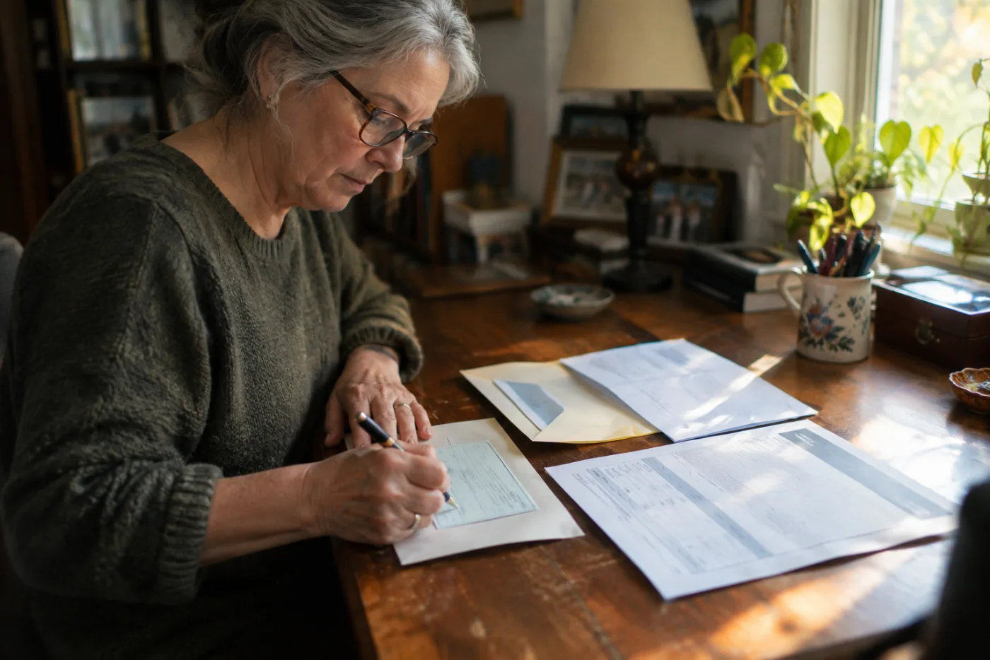 Woman writing a check into an HSA envelope beside a Medicare enrollment letter