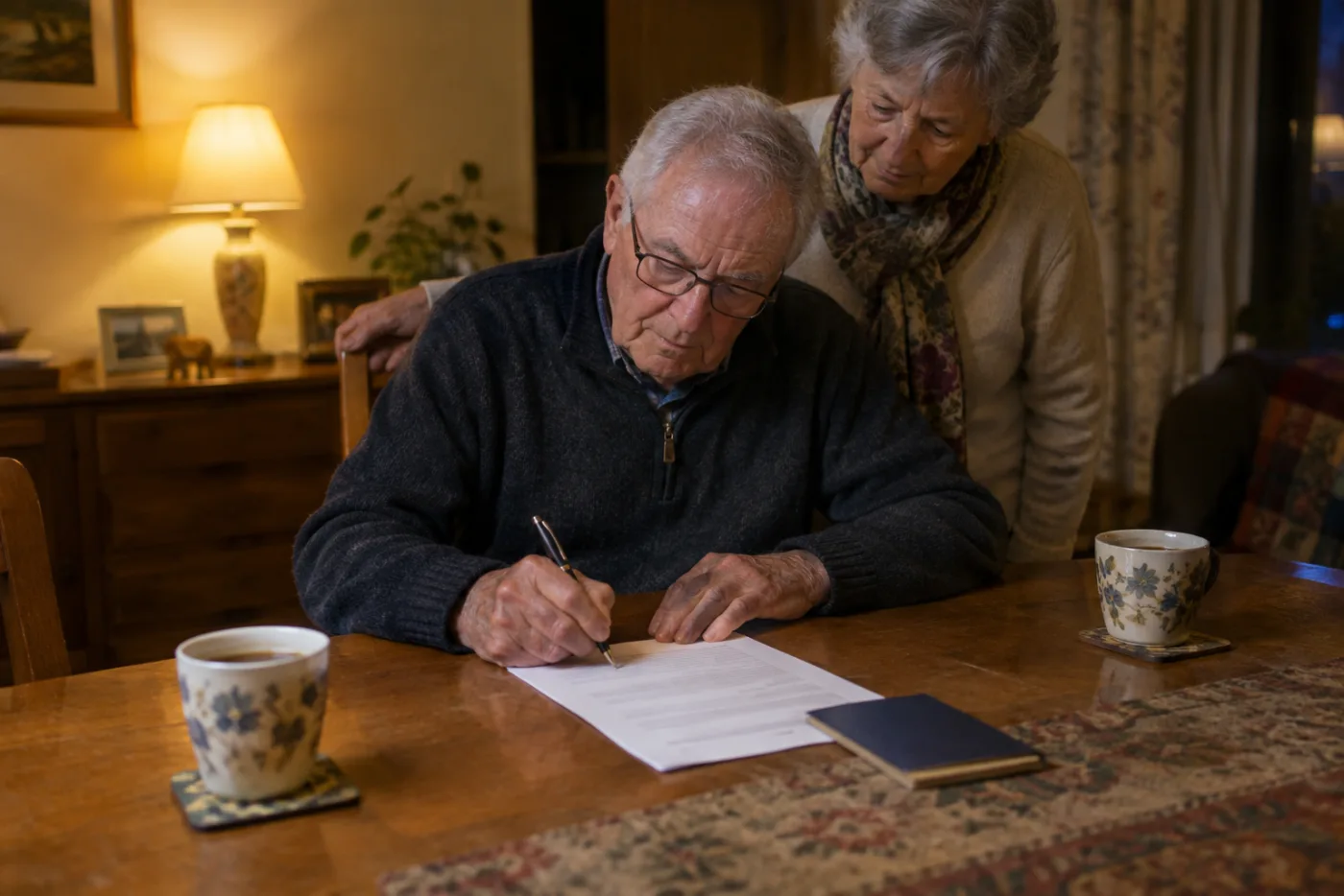 Man signing a pension waiver form while his wife looks over his shoulder