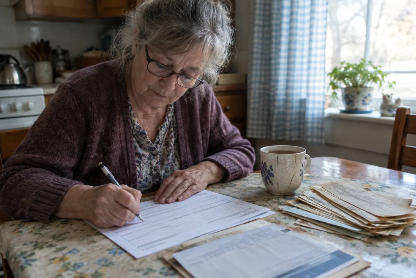 Woman filling out a pension withholding form beside a stack of old pay stubs