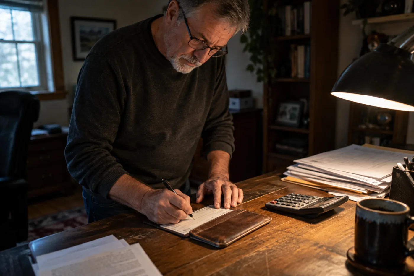 Man writing a quarterly estimated tax check beside scattered income statements