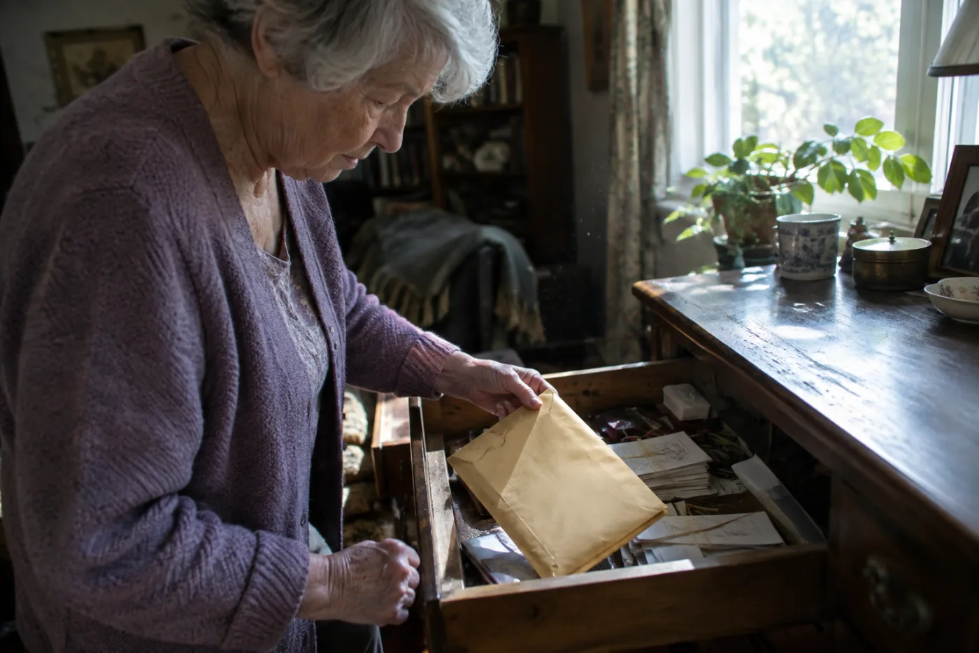 Woman pulling a yellowed power of attorney envelope from a cluttered drawer