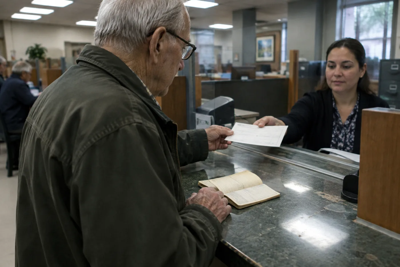 Man handing a teller an updated payable-on-death form at a bank counter