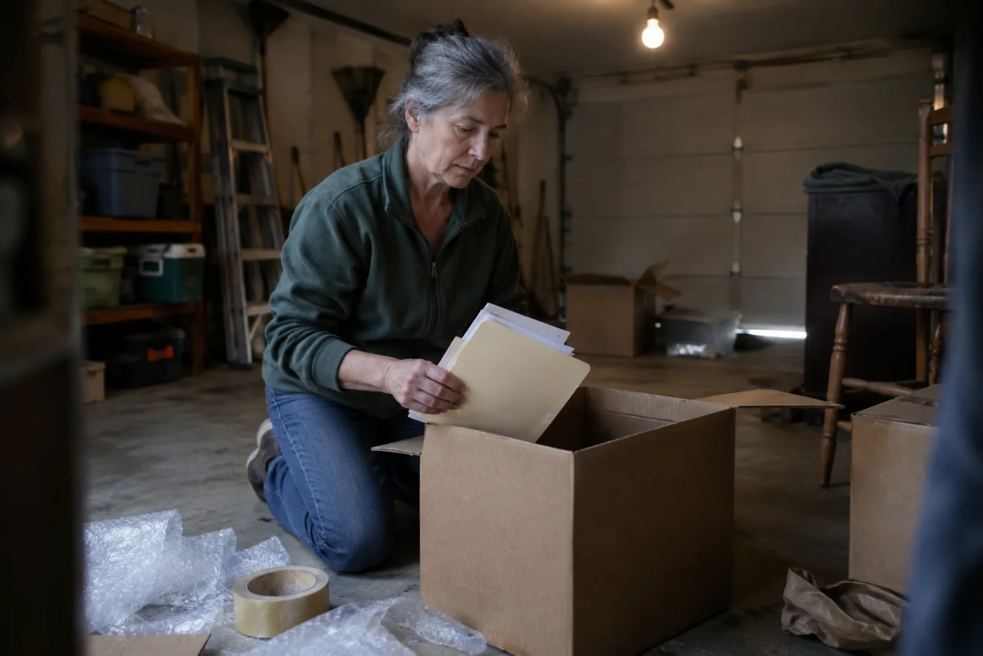 Woman tucking a change-of-address form into a folder beside a moving box