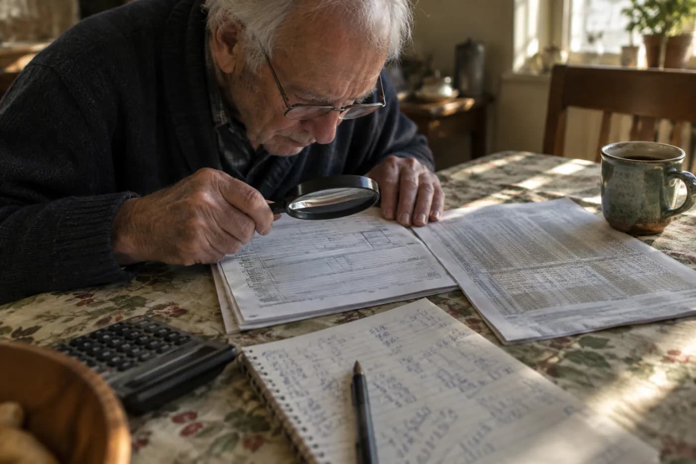 Man using a magnifying glass to read a tiny code on a tax form