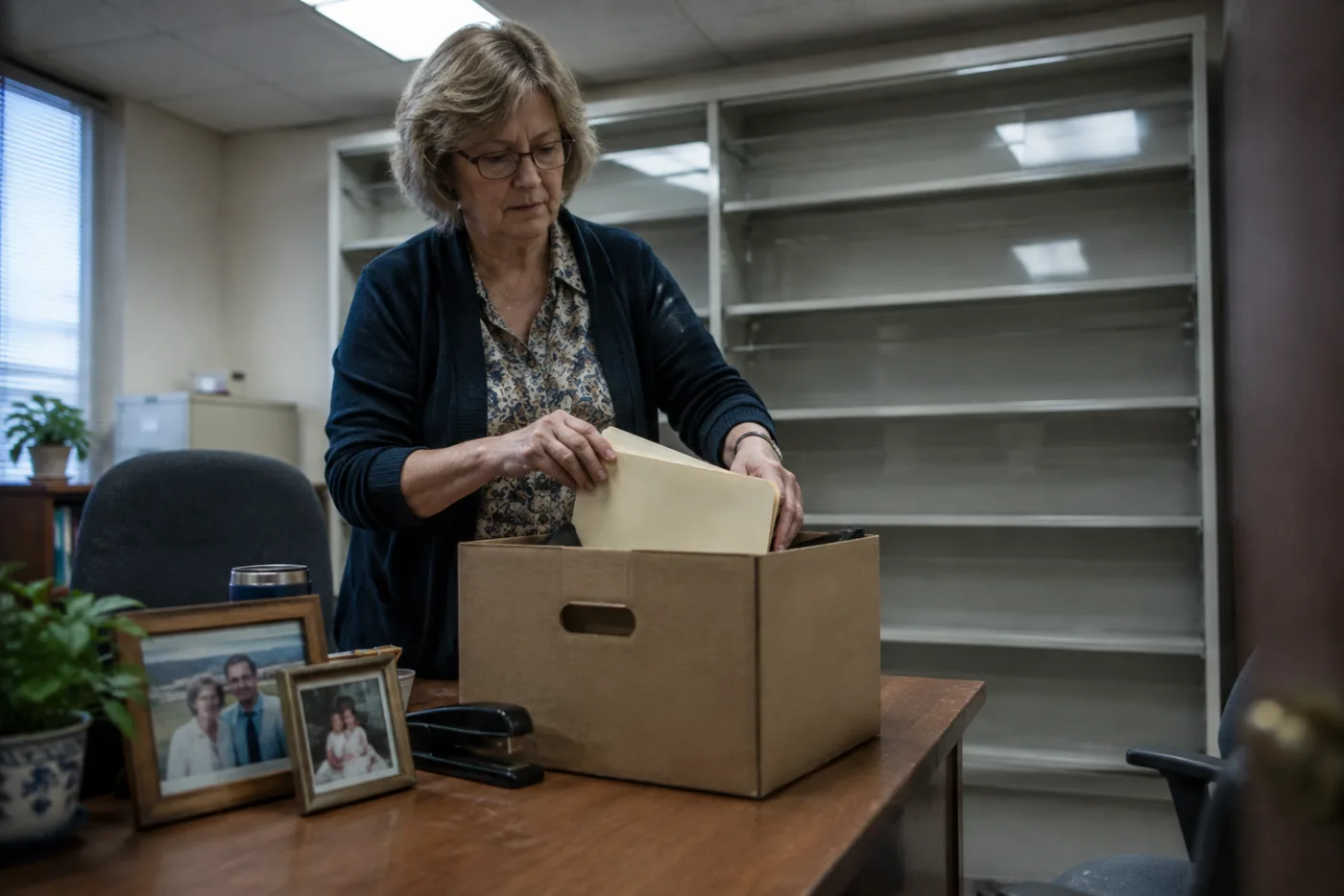 Woman packing a folder of benefits paperwork into a box while clearing her desk