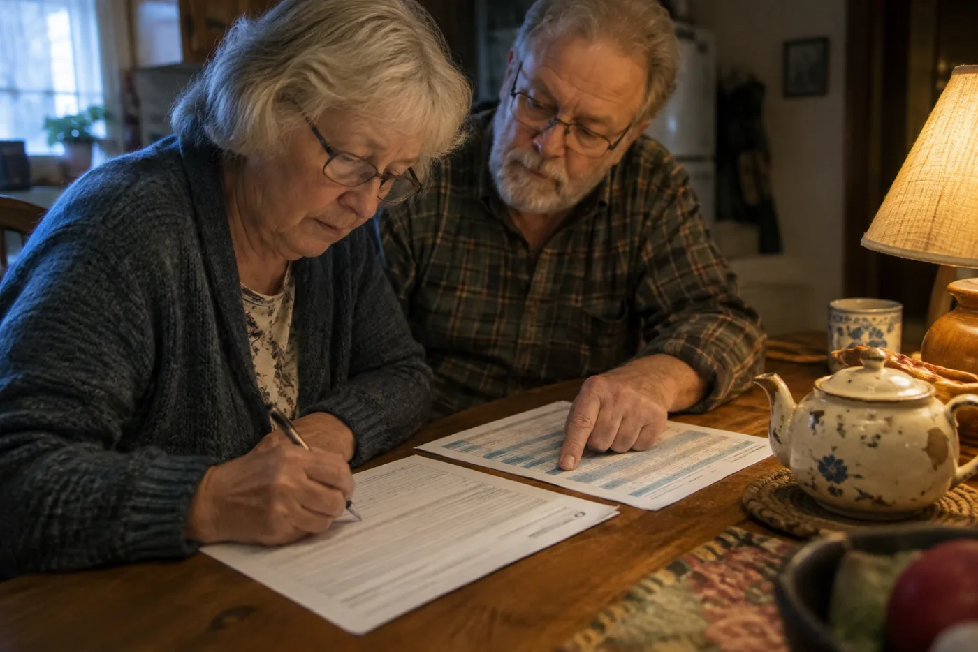 Couple filling out a Social Security application beside a printed benefits chart