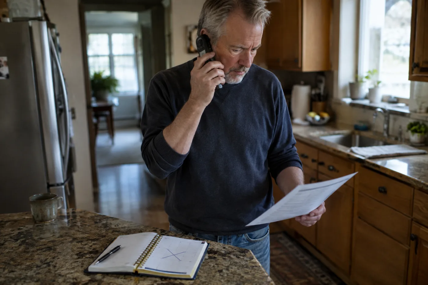 Man dialing his bank while holding an IRA contribution statement at home