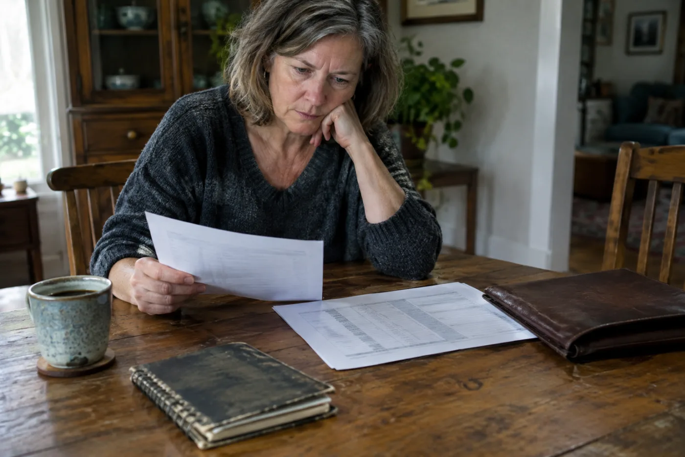 Woman reviewing an inherited IRA statement beside a printed distribution schedule
