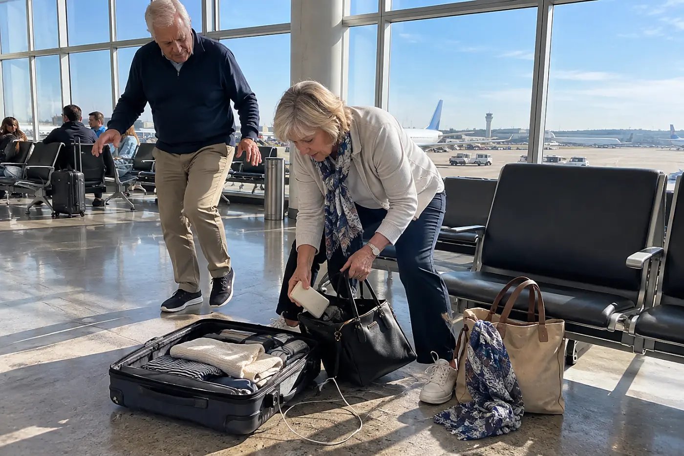 Older woman moving a power bank from an open suitcase to a smaller bag at an airport gate.