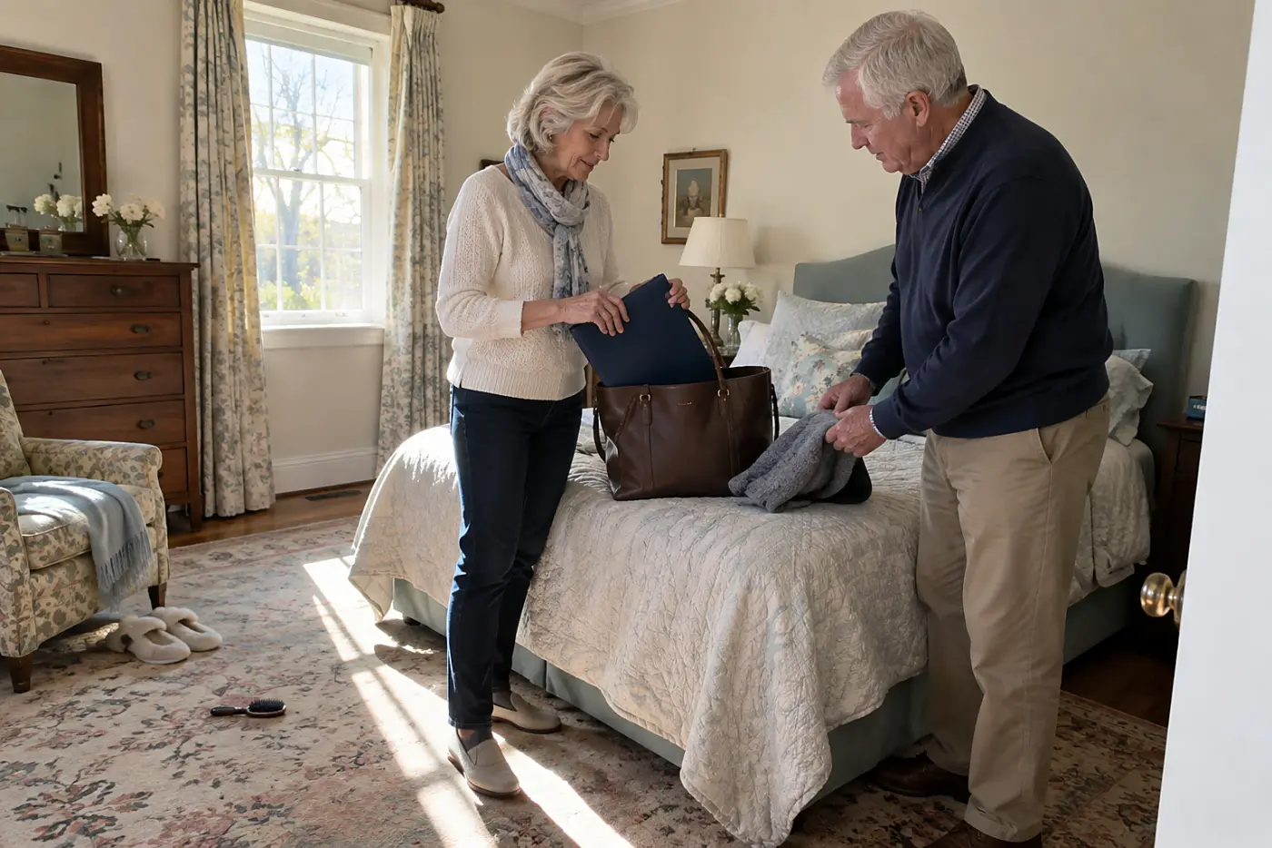 Older woman placing a printed reservation page in her handbag.
