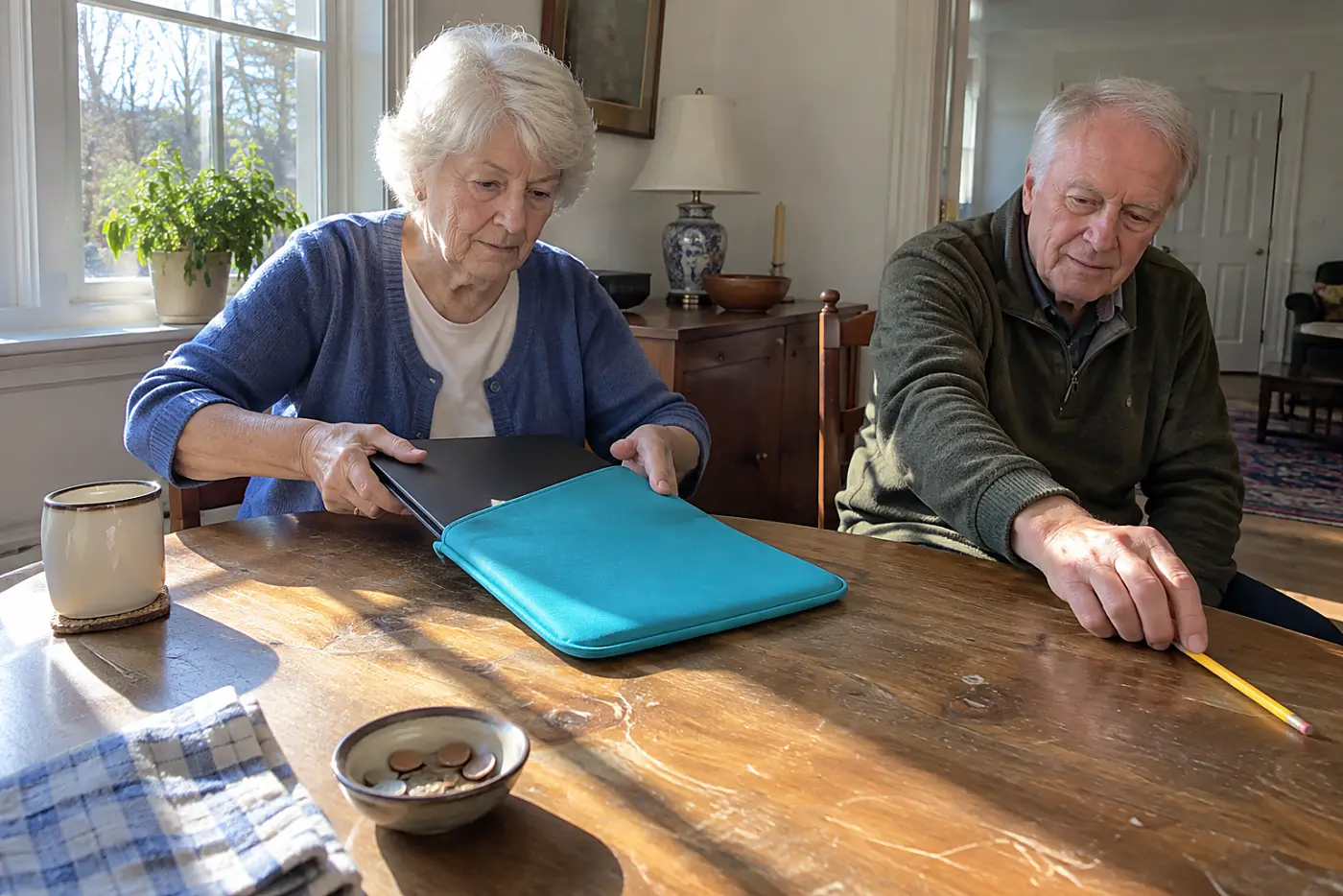 Older woman sliding a passport into a bright sleeve at a desk.