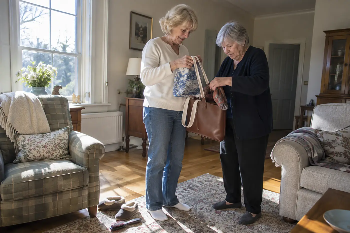 Older woman folding a tote into her handbag at home.