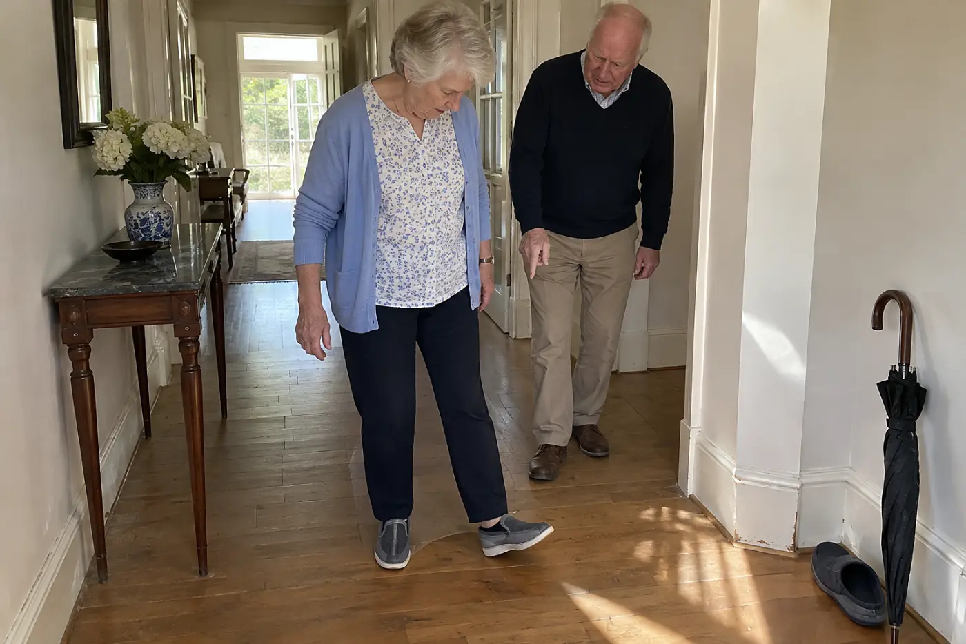 Older woman walking down her hallway in slip-on travel shoes.