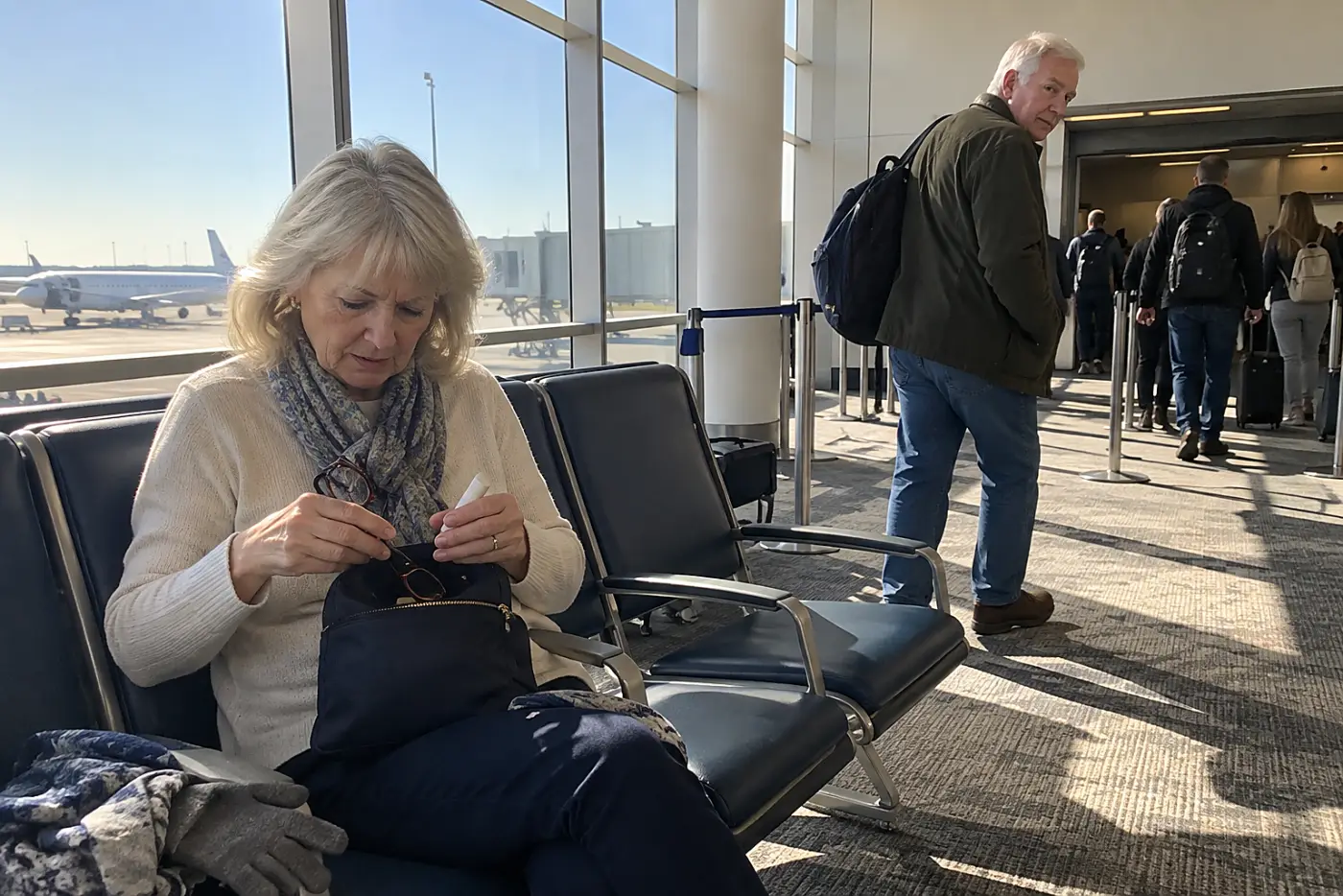 Older woman moving glasses and lip balm into a pouch before boarding.