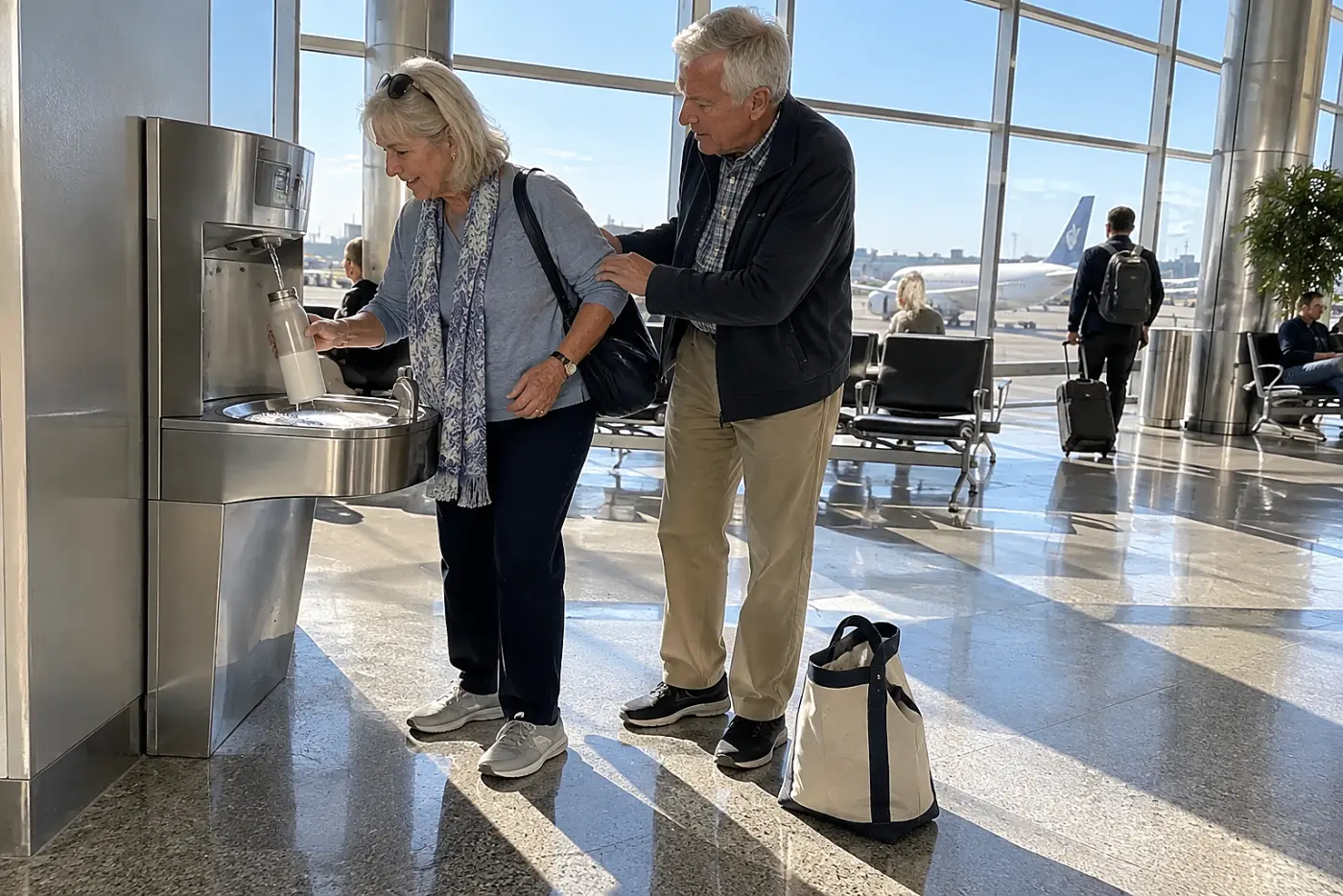 Older woman filling a water bottle at an airport water station.