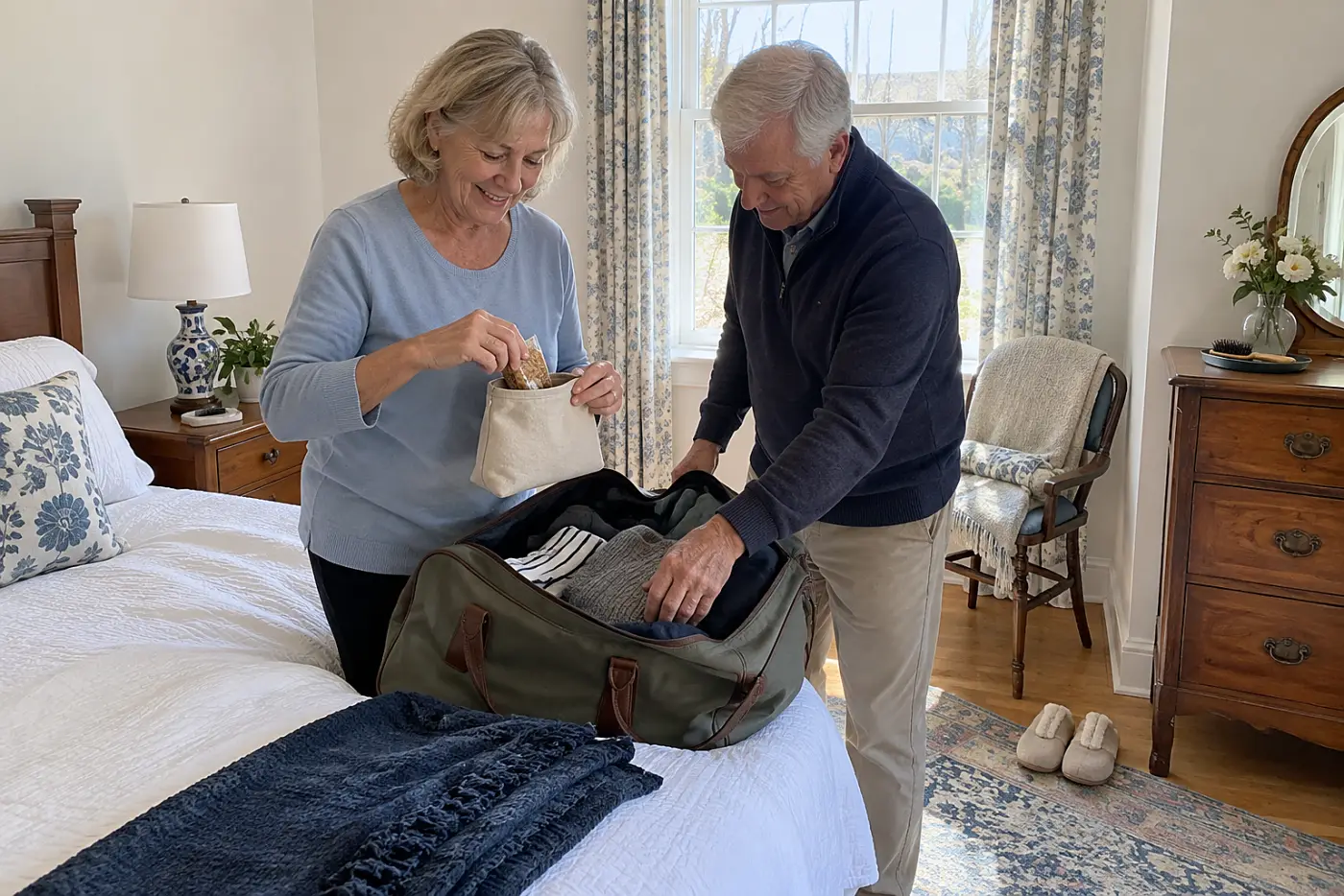 Older woman placing a wrapped snack near the top of her travel bag.