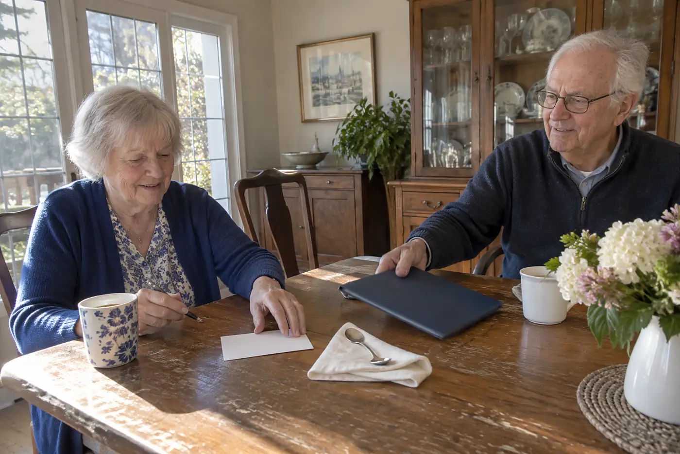 Older woman writing a hotel address on a card at her dining table.
