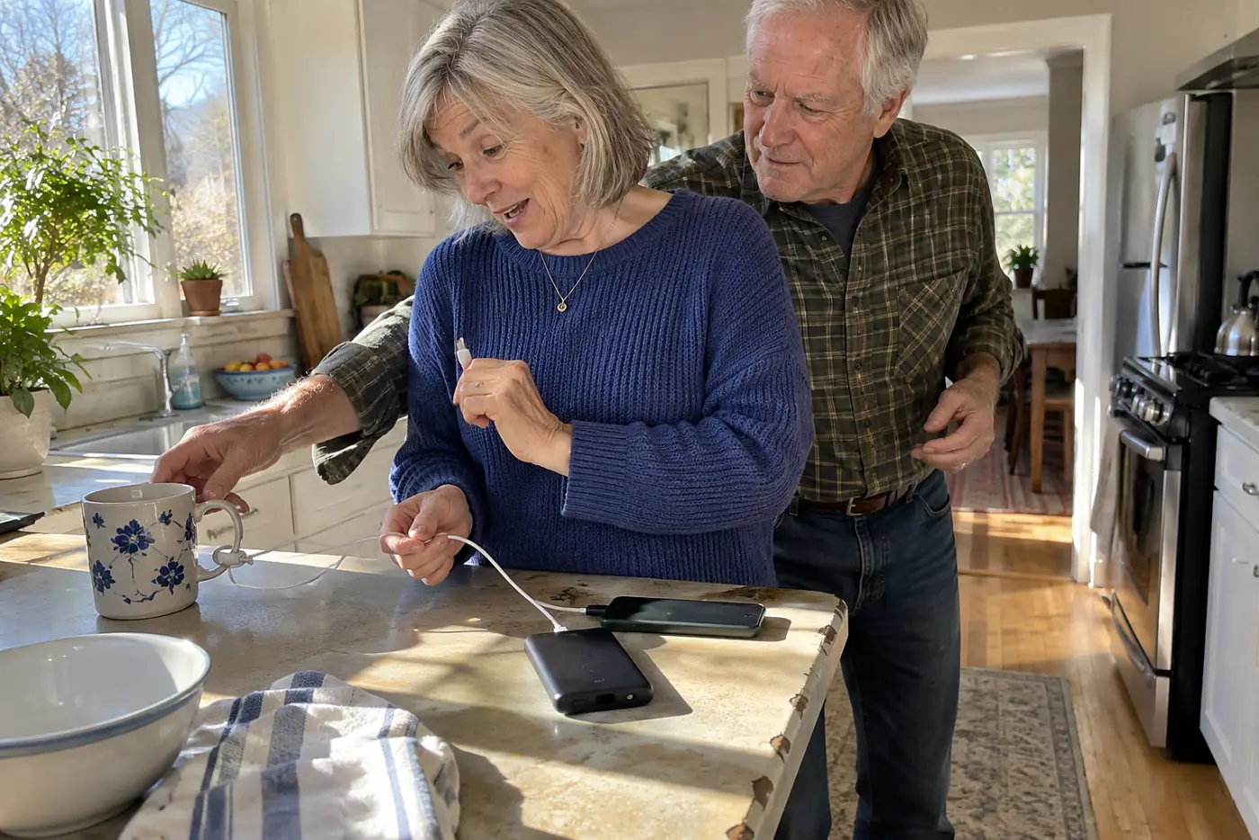 Older woman connecting her phone to a power bank at the kitchen counter.