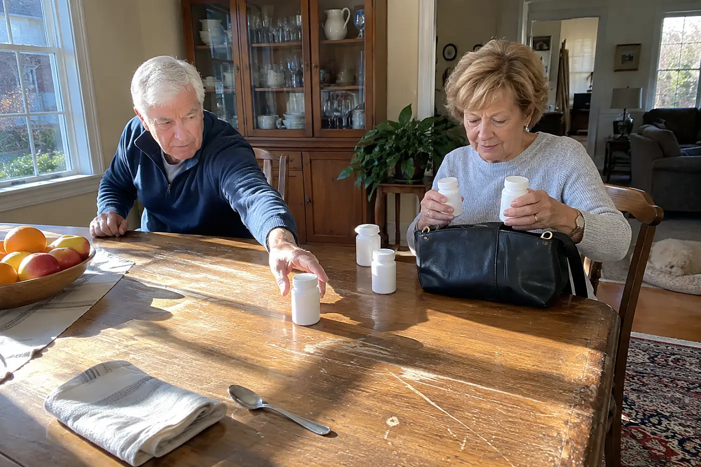 Older woman counting labeled medicine containers into her personal bag at home.