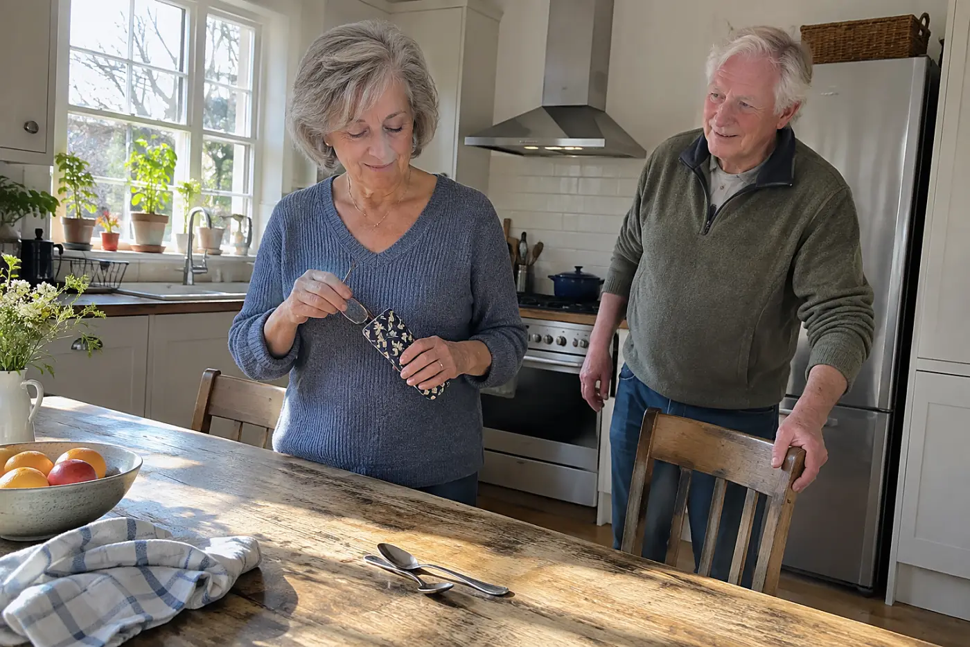Older woman sliding reading glasses into a padded sleeve at a kitchen table.