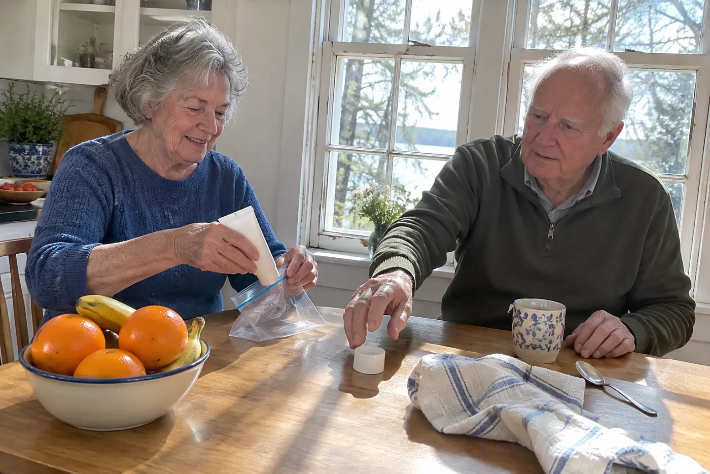 Older woman placing hand moisturizer inside a sealable bag at home.