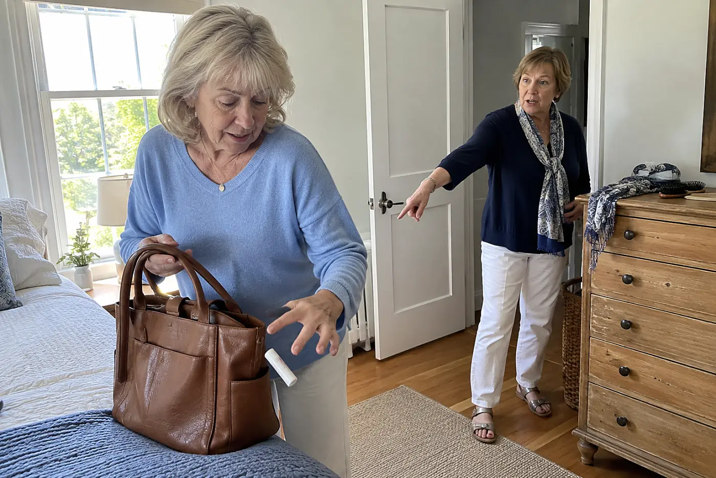 Older woman putting lip balm into an outside pocket of her handbag.