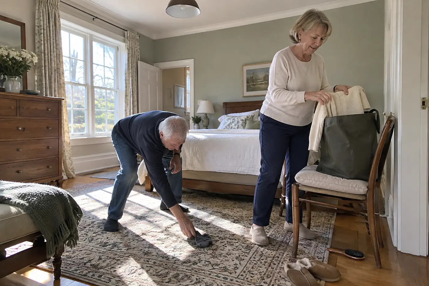 Older woman folding a cardigan into a bag on her bedroom chair.