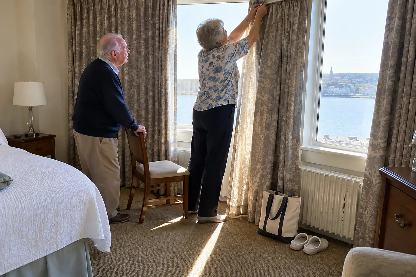 Older woman clipping two curtain edges together beside a hotel window.