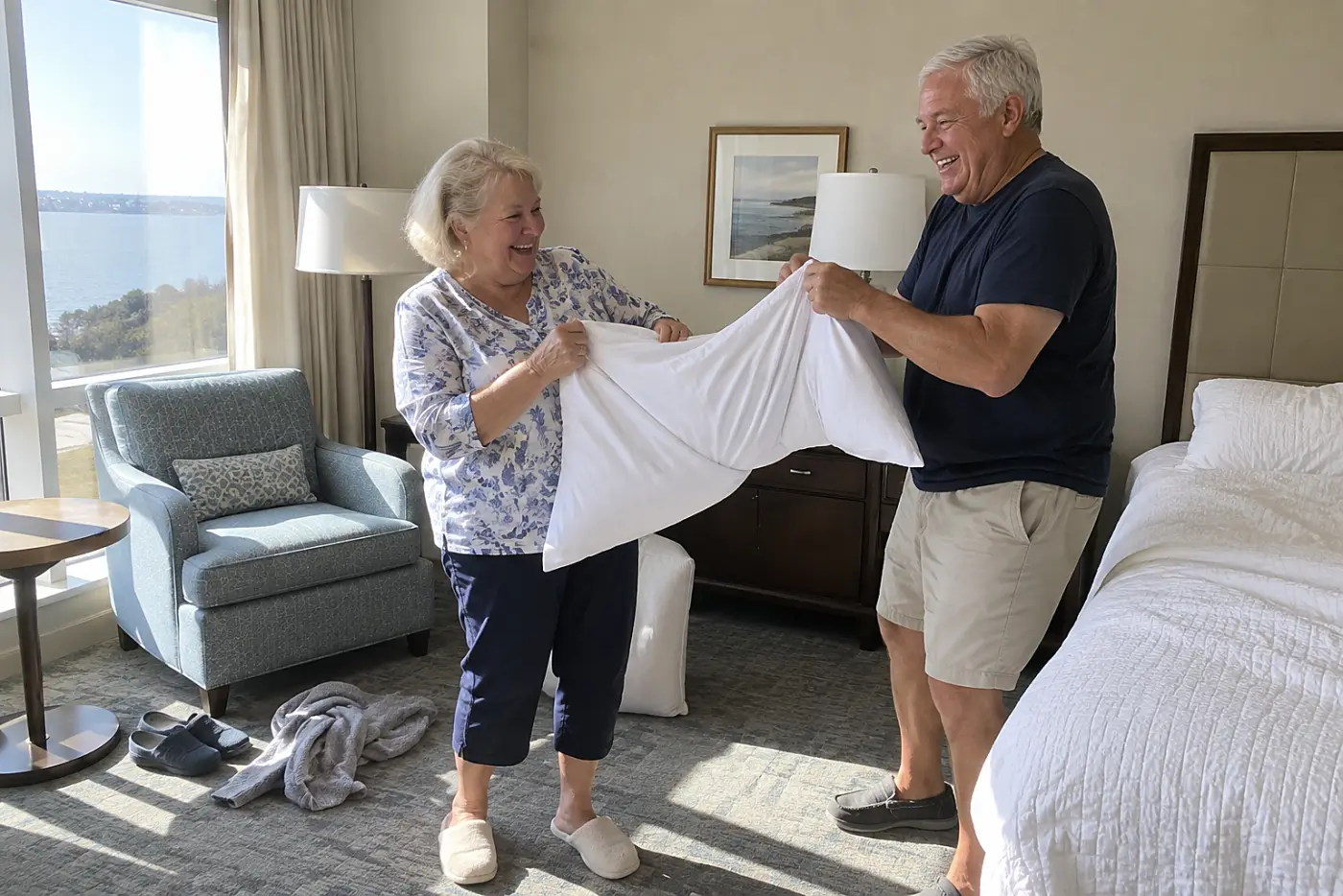 Older woman slipping a clean pillowcase over a pillow in a hotel room.