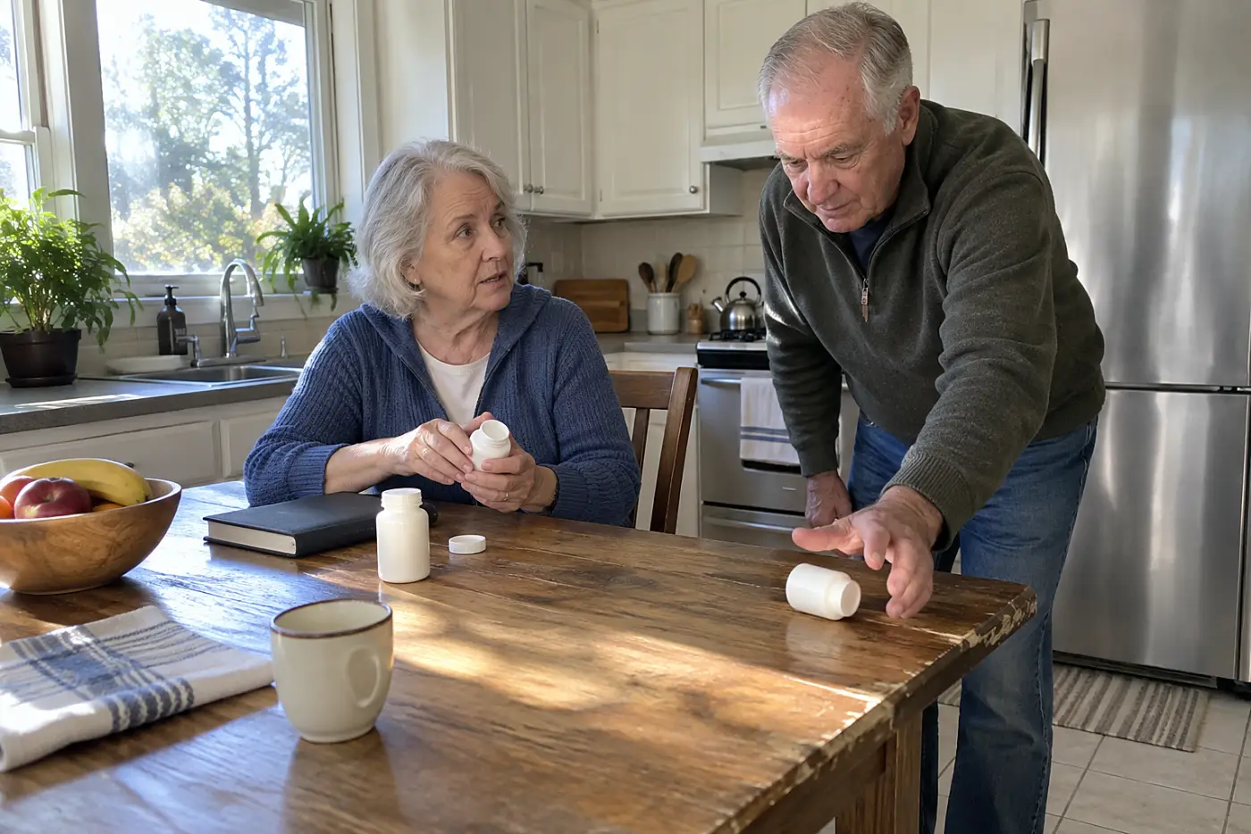 Older woman writing medication names beside labeled bottles at home.