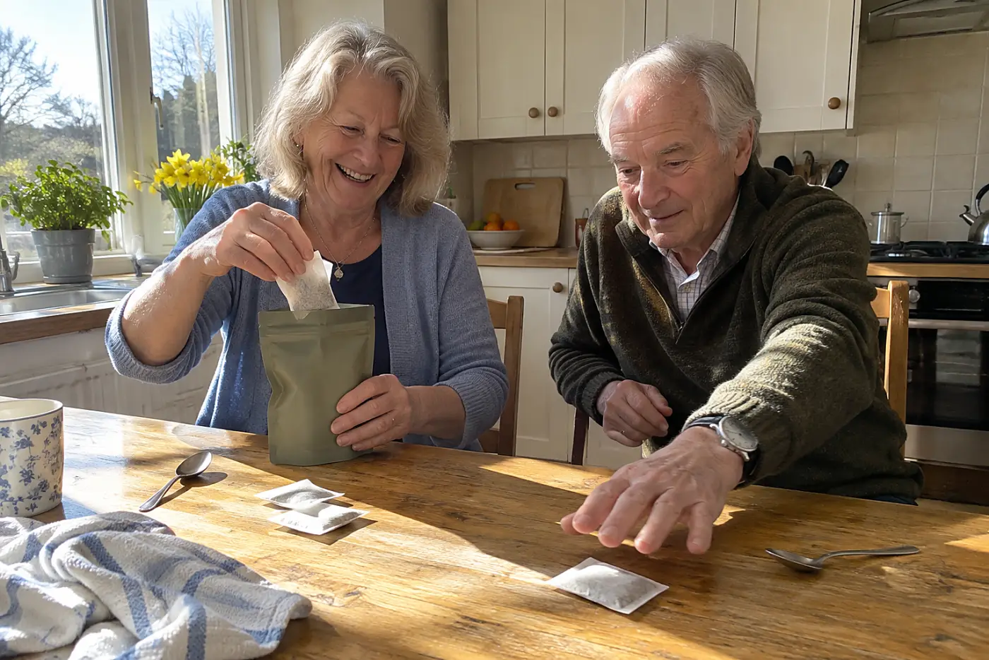 Older woman putting tea packets into a sealed pouch at her kitchen table.