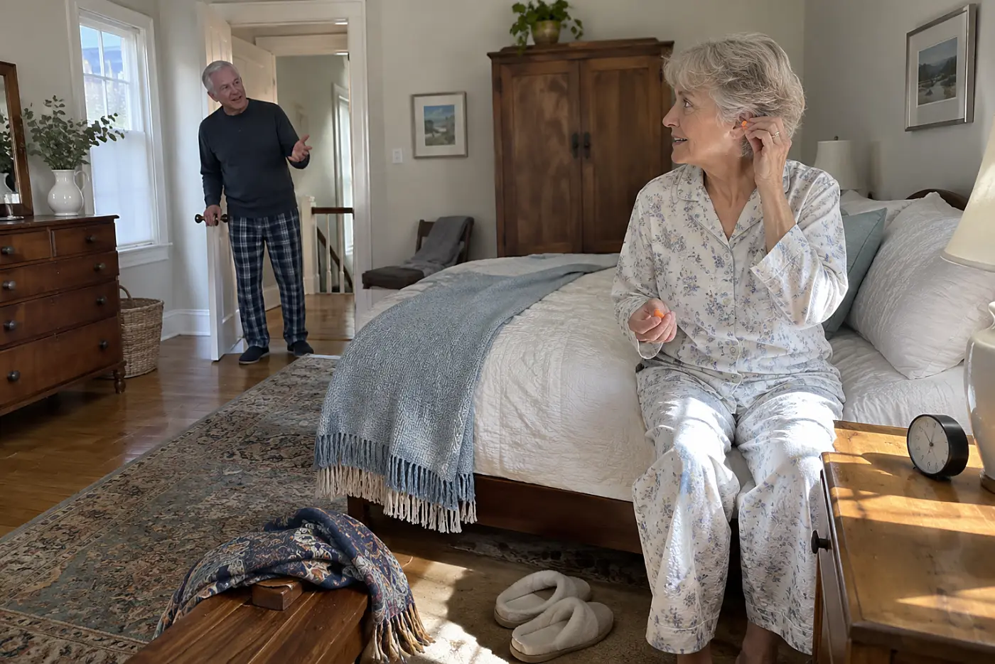Older woman testing earplugs beside an alarm clock in her bedroom.