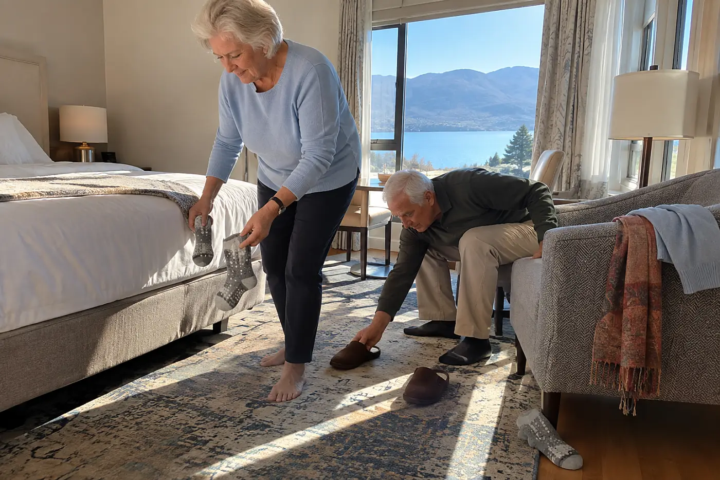 Older woman placing grippy socks beside a hotel bed.