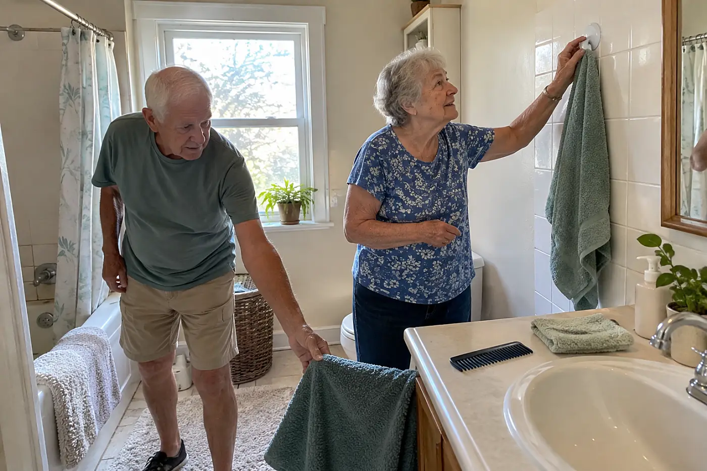 Older woman pressing a suction hook onto bathroom tile.
