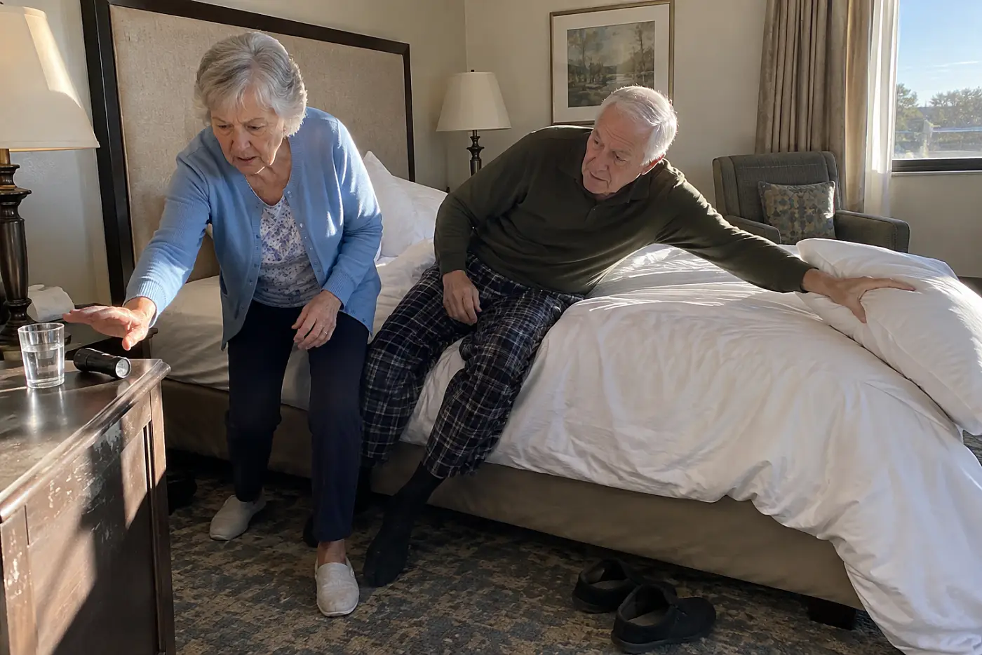 Older woman setting a small flashlight on a hotel nightstand.