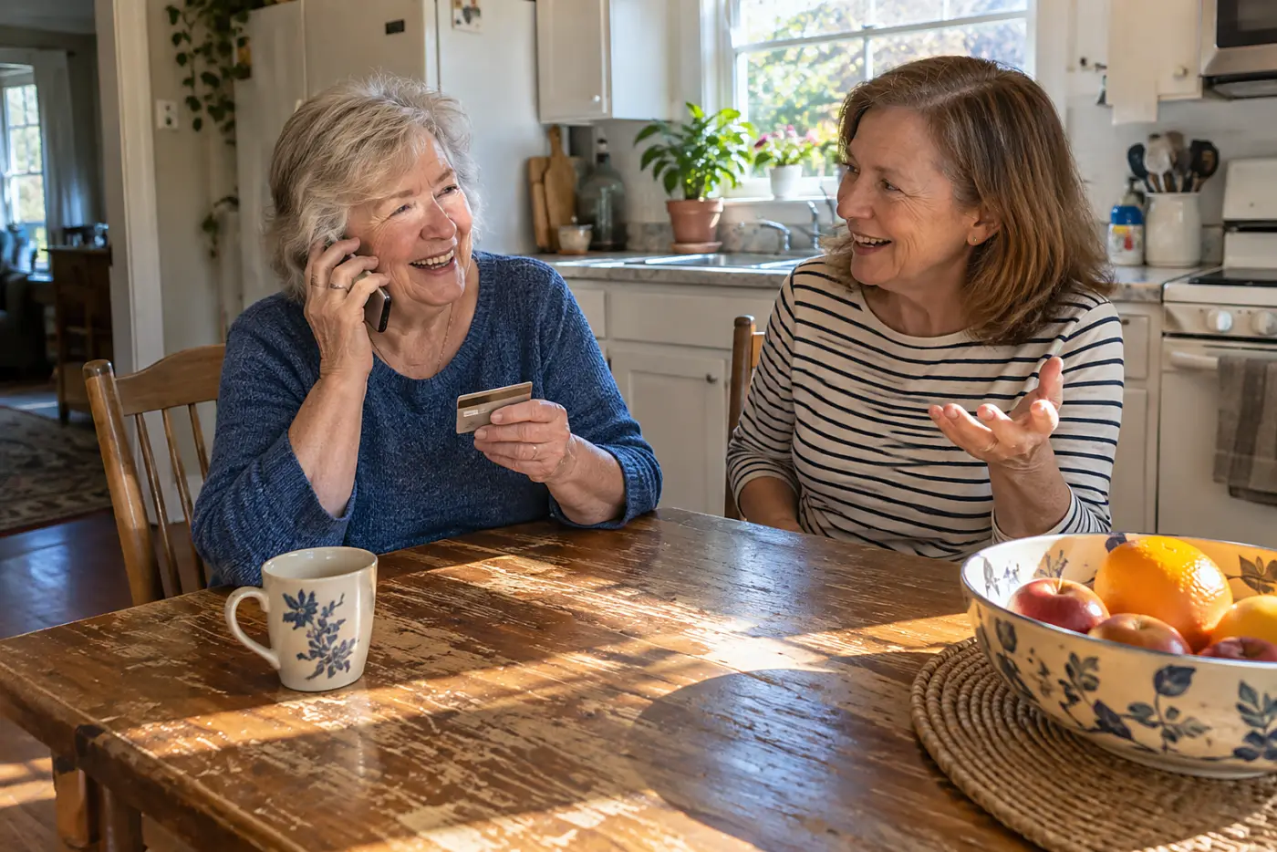 Woman practicing a call from her bank card with a friend at her kitchen table.